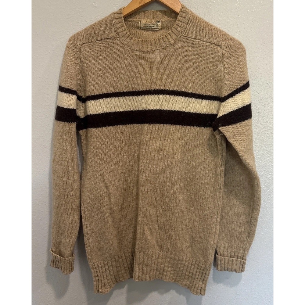 Vintage Braemar International Striped Shetland Wool Sweater SZ SM Brown Crewneck
